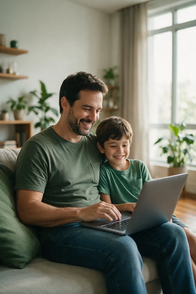 Pai e filho no sofá de casa olhando a carteira de investimentos no notebook